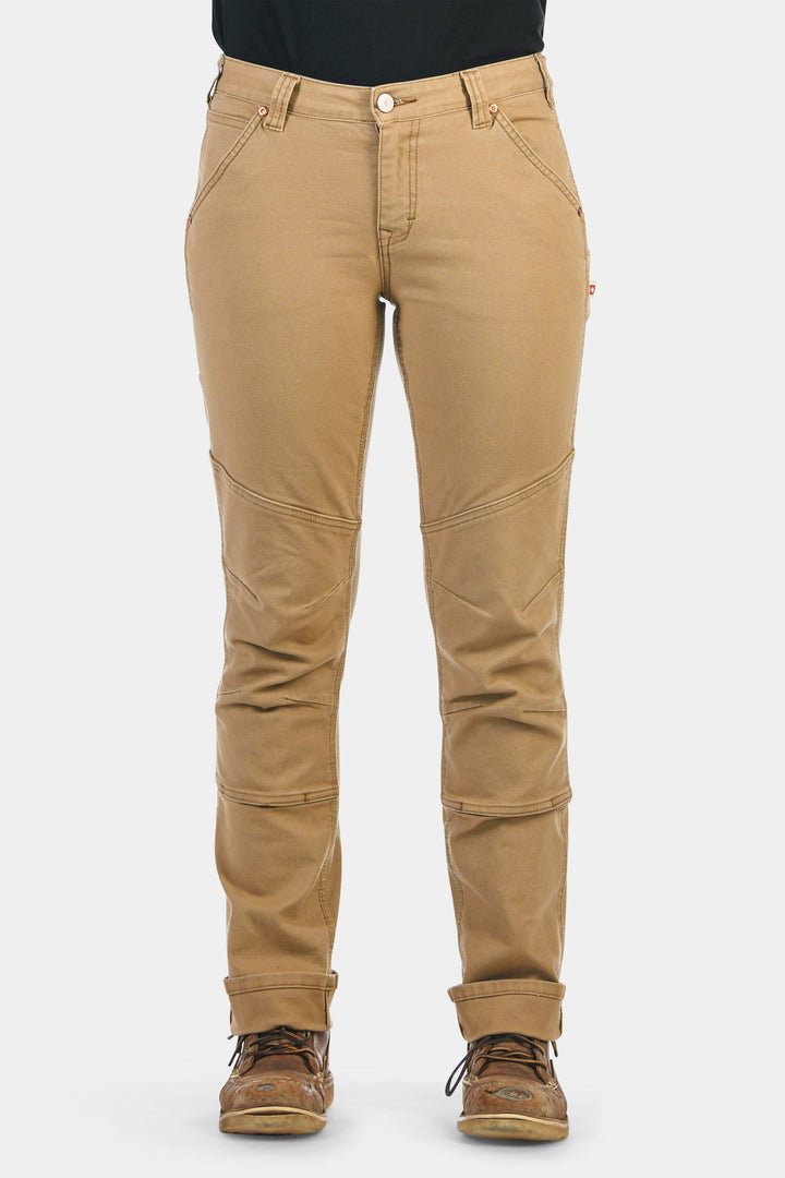 Dovetail GO TO Stretch Canvas Work Pants in Sawdust Brown - Front View Close Up of Pants